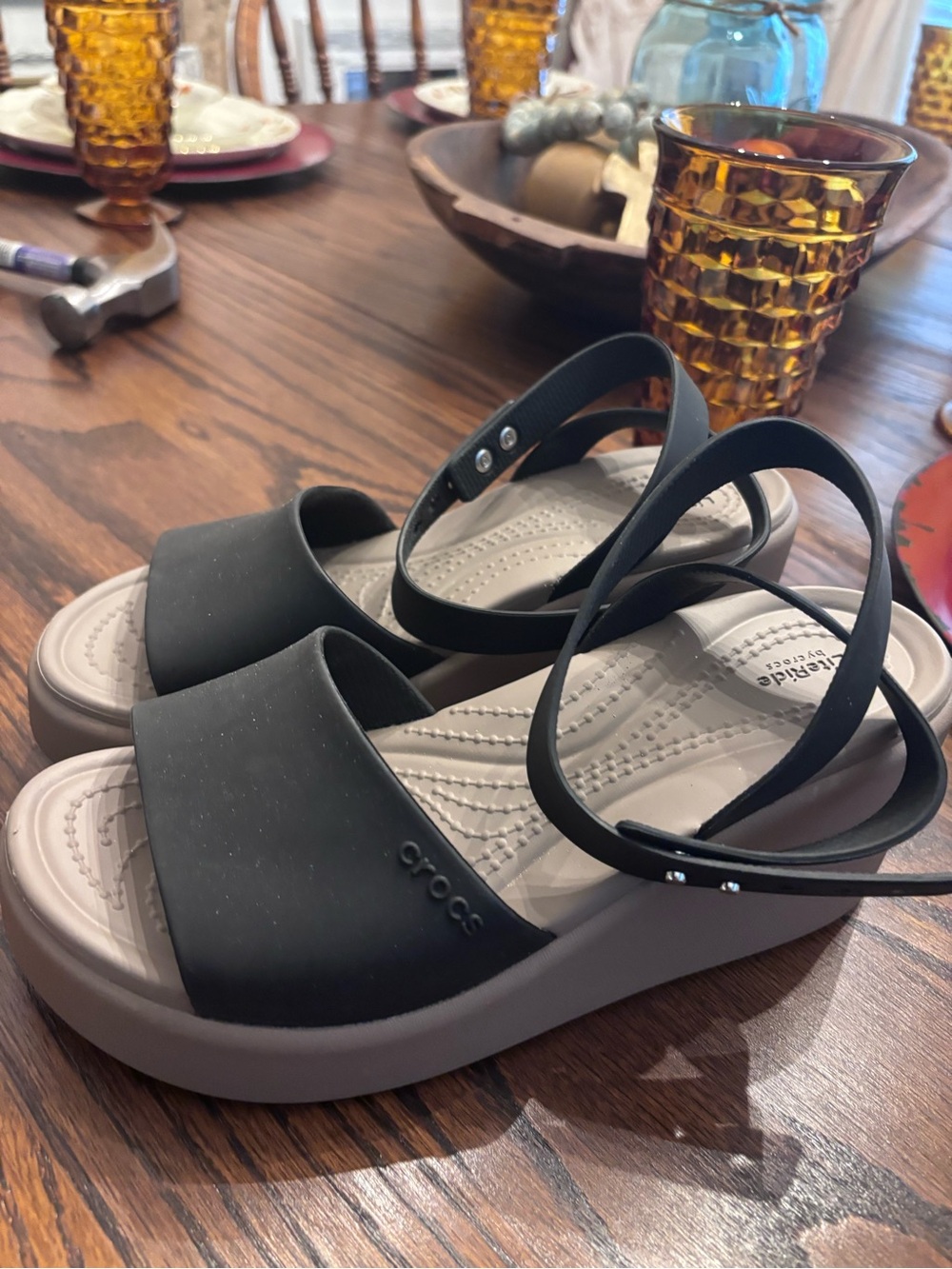 CROCS Black and Tan Brooklyn Ankle-Strap Wedge SandalCrocs Brooklyn wedge - Picture 3 of 3